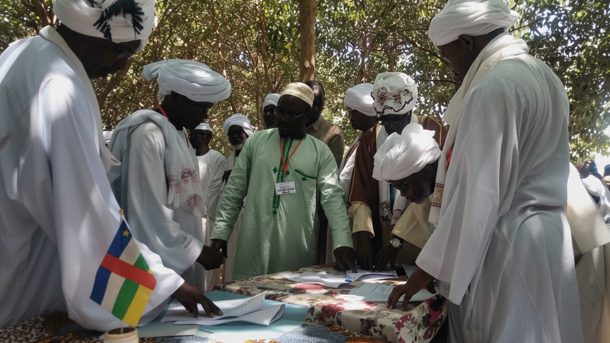 A group of people stand around a table, on which there is a Central African flag displayed