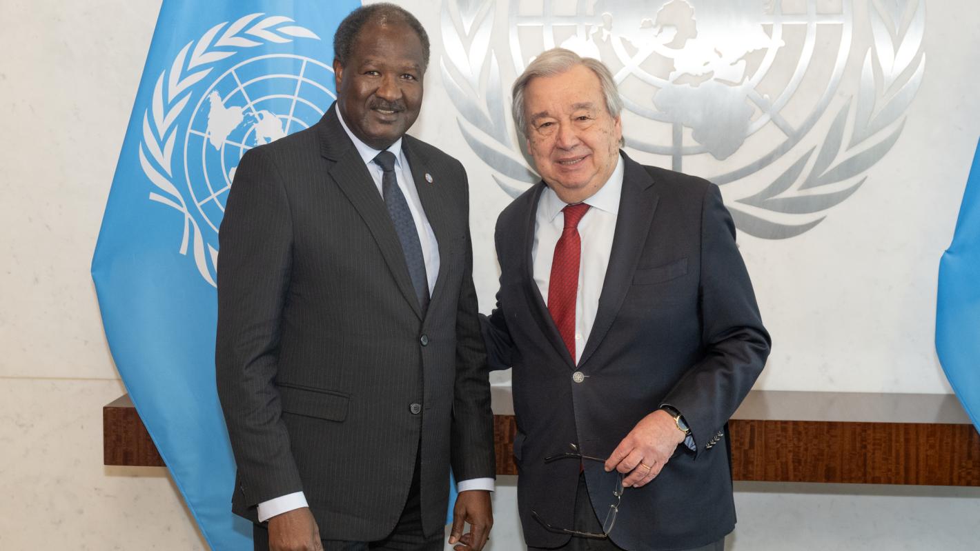 Abdou Abarry (left), Special Representative of the Secretary-General and Head of the United Nations Regional Office for Central Africa, pays a farewell call on Secretary- General António Guterres.