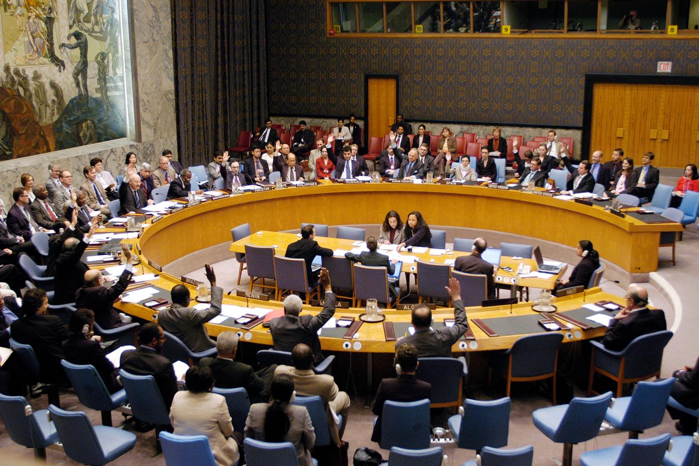 Wide view of the Security Council unanimously voting for  resolution 1542 (2004).