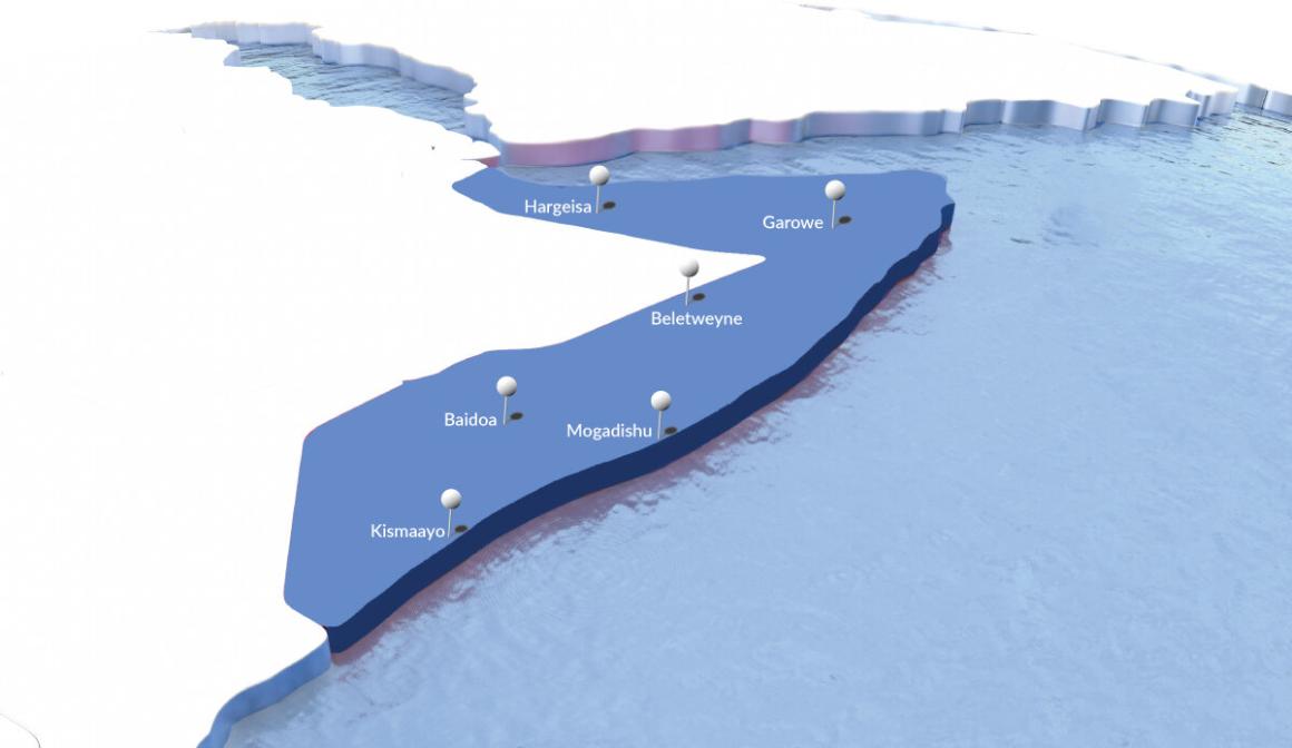 A graphic image of a map with location pin on UNTMIS offices across Somalia